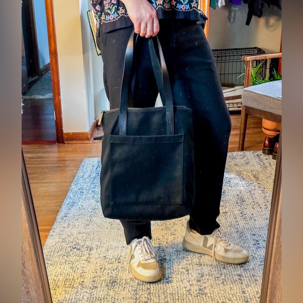 Everlane Black Denim Tote with Black Leather Straps